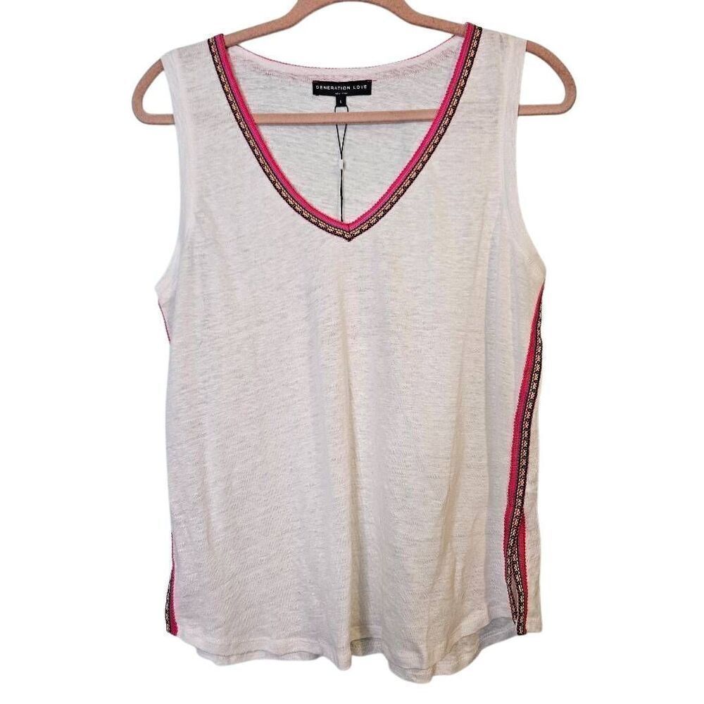 Generation Love v neck white tank top with colorful trim. Size L. NWT.